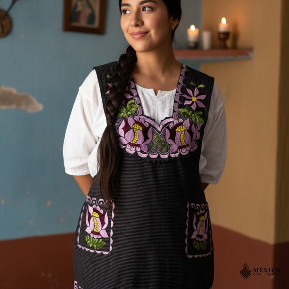 Lila Mexican Embroidered Apron – Basic Handmade Apron with Floral Design - Picture 2 of 8